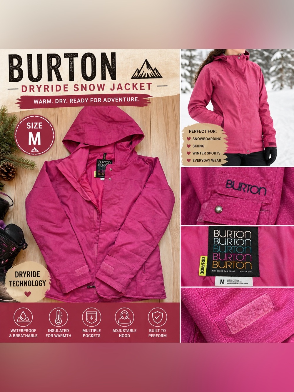Burton DryRide Snow Jacket Women’s M Pink Hooded Ski Snowboard Coat Waterproof